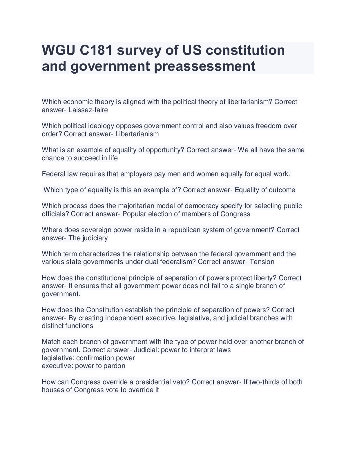 Preview of WGU C181 survey of US constitution and government pre assessment